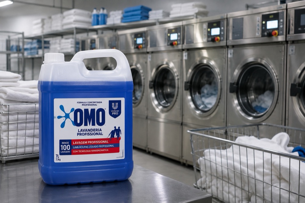 Galão OMO Lavanderia Profissional dentro de uma lavanderia, com as máquinas industriais ao fundo