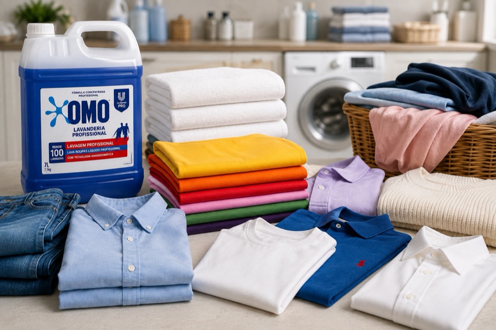 Roupas brancas e coloridas lavadas juntas com OMO Lavanderia Profissional